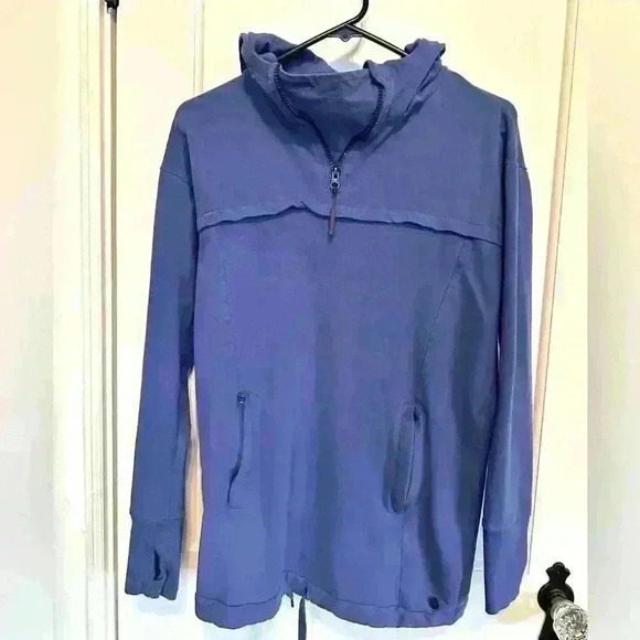 Sweaty Betty Blue Pullover Sweatshirt with funnel collar and hood, size small - Picture 1 of 8